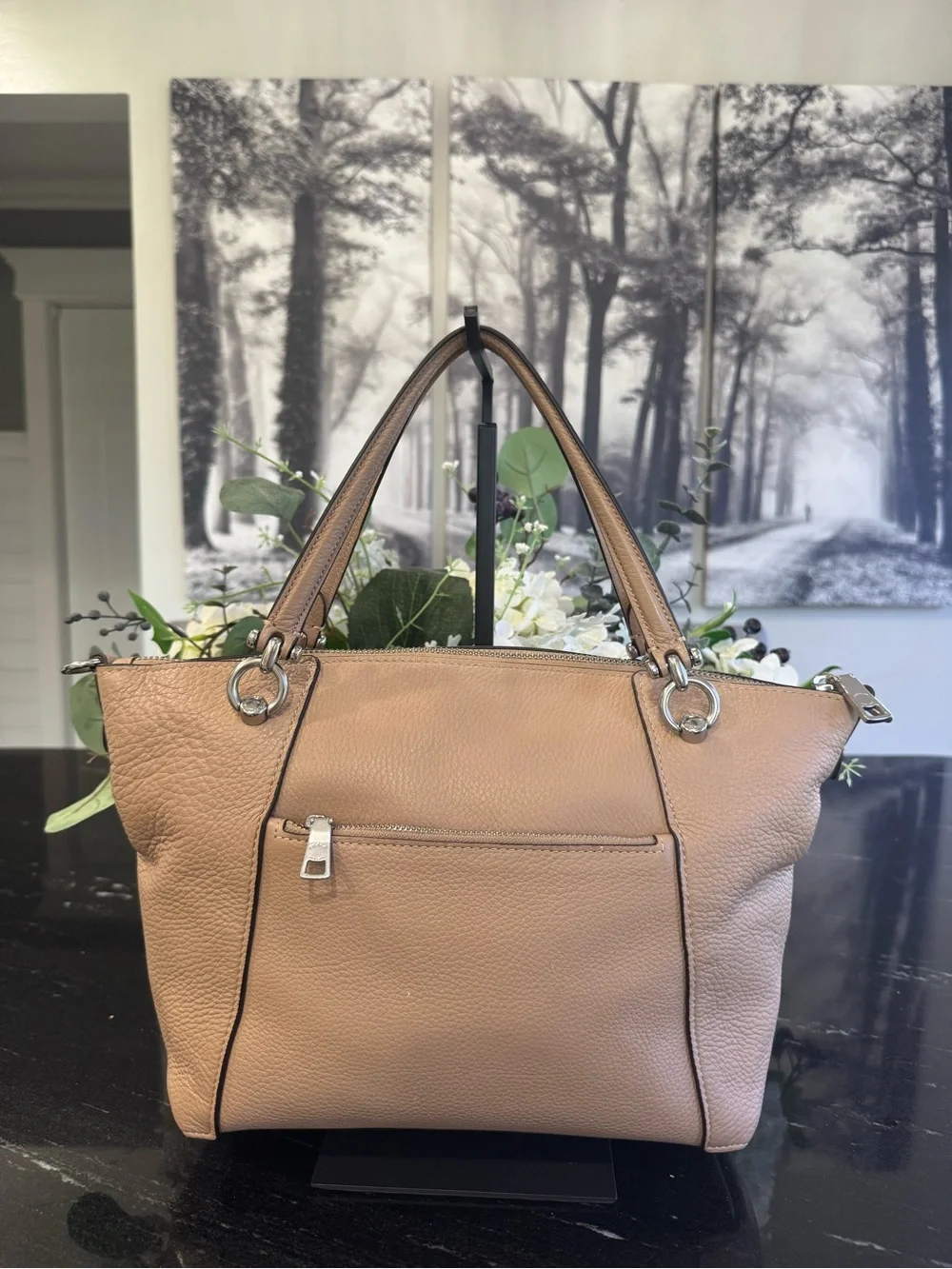 Coach Kacey Satchel Taupe Pebbled Leather Crossbody Bag with Silver Hardware